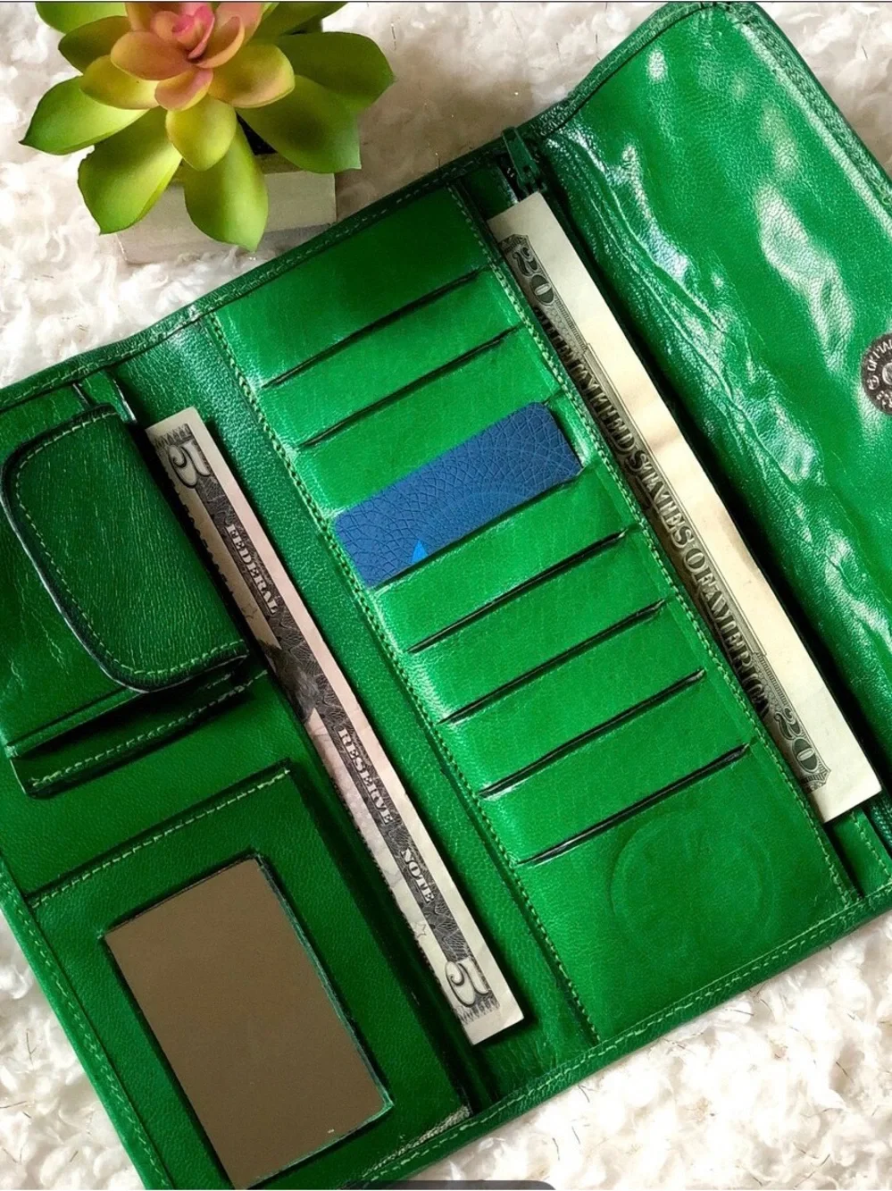 Green Floral Tooled Leather Bohemian Handmade wallet NWOT